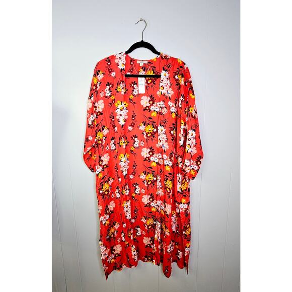New LOFT Duster Wrap Kimono Red Floral Lightweight Summer Layering M/L Boho - Picture 8 of 11